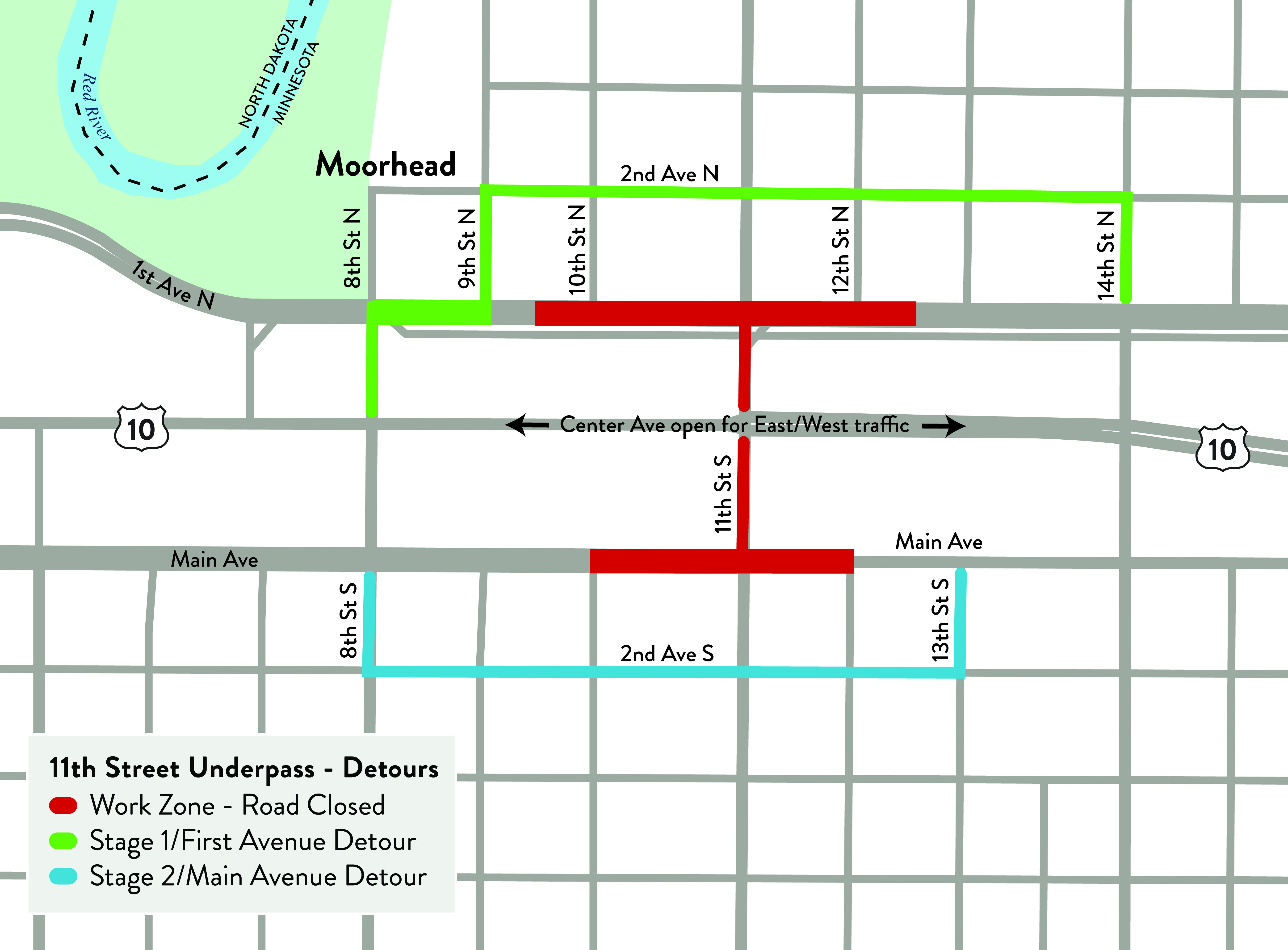 Detour map for the 11th Street underpass project.
